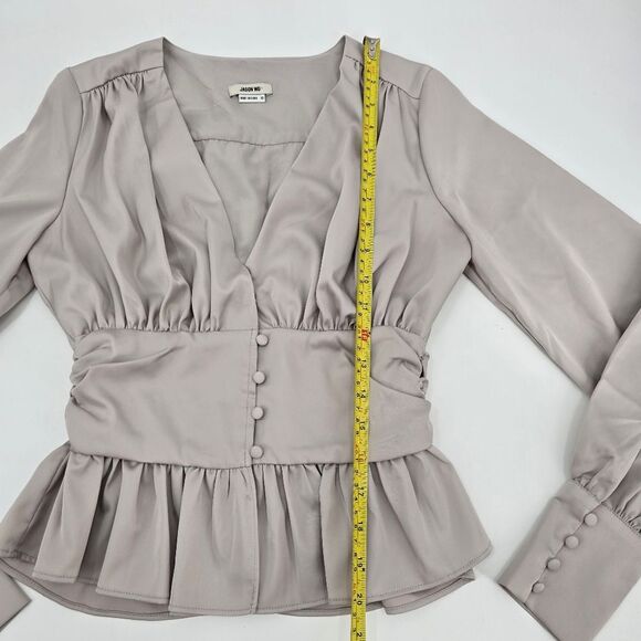 Jason Wu Silver Beige V-Neck Peplum Ruffles Hem Satin Blouse Gathered Waist XS - Picture 5 of 8